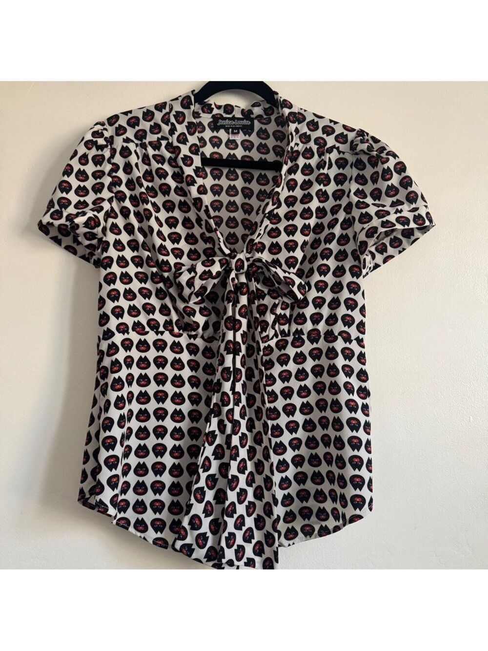 Jessica Louise Vintage Style Black Cat Tie V-Neck Blouse, Size Medium